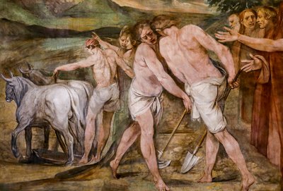 ロムルスはローマの将来の都市の周りの境界線を耕します (詳細) 作： Giuseppe Cesari