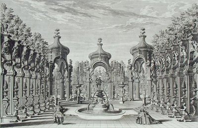 ヨハン・アンドレアス・プフェッフェル（1674-1748）が1740年に出版した『建築家のための演劇入門』より、庭園での娯楽のためのデザイン（エングレーヴィング 作： Giuseppe Bibiena