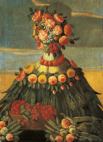 イタリア、フィレンツェ、春、花とさくらんぼのバスケット 作： Giuseppe (follower of) Arcimboldo