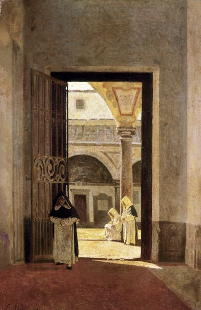 ドミニコ会修道院の玄関ホール。 ジュゼッペ アバッティ (1836-1868) の絵画。 木に油彩。 カディス博物館。 作： Giuseppe Abbati