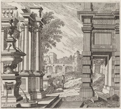 噴水、古典遺跡、橋による建築ファンタジー 作： Giuseppe Antonio Landi