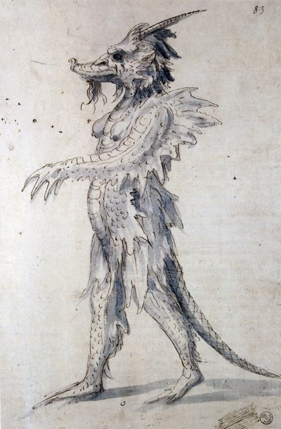 龍のデザイン（紙にペン、青インク、水彩絵具 作： Giuseppe Arcimboldo