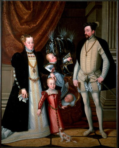 皇帝マクシミリアン2世（1527-1576）とその家族。スペインのメアリー（1528-1603）とその子供アンネ（1549-1580）、ロドルフ（1552-1612）、アーネスト（1553-1591） 絵画 ジュゼッペ・アルチンボルディ（またはアルチンボルド）（1527-1593） 1553年 Sun.188x240 cm アンブラス城、イン 作： Giuseppe Arcimboldo