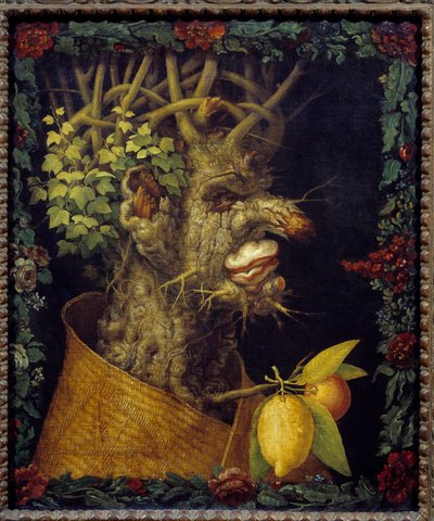 冬 季節についてのアレゴリー。ジュゼッペ・アルチンボルド（1527-1593）の絵画 16世紀 太陽。0.76x0.63 m - 冬（四季を描いたセリーから） - ジュゼッペ・アルチンボルド（1527-1593）の絵画、油彩、カンヴァス（76x63 cm）。 作： Giuseppe Arcimboldo