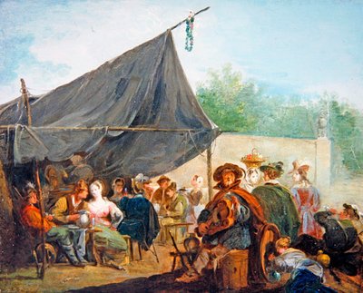 酒を飲む人々がいる野営地の風景」（油彩・キャンバス） 作： Giuseppe Bernardino Bison