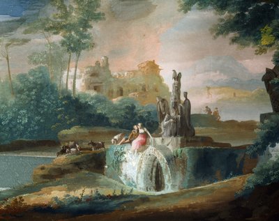 ジュゼッペ・ベルナルディーノ・ビソン（1762-1844）の「架空の風景の中の羊飼いたちのガランとした場面」。 作： Giuseppe Bernardino Bison