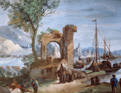 架空の風景。ジュゼッペ・ベルナルディーノ・ビソン（1762-1844）の「廃墟と滝のある港 作： Giuseppe Bernardino Bison