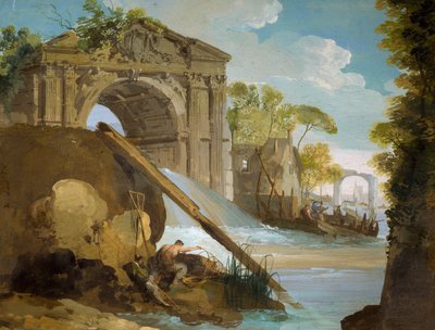 想像上の景色。ジュゼッペ・ベルナルディーノ・ビソン（1762-1844）作「漁師と廃墟のある川 作： Giuseppe Bernardino Bison