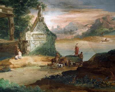 ジュゼッペ・ベルナルディーノ・ビソン（1762-1844）の「想像上の風景の中の羊飼いたち」。 作： Giuseppe Bernardino Bison