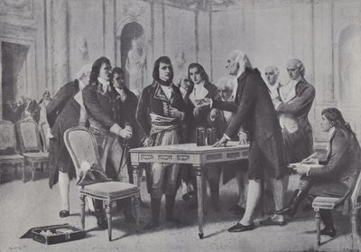 アレッサンドロボルタ、1801年にフランスの最初の領事であるナポレオンにバッテリーを披露 作： Giuseppe Bertini