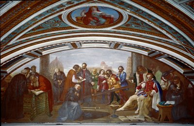 ガリレオ・ガリレイ（1564-1642）が落下と重力に関する法則を示す。ガリレイはピサでの公開講座で、傾斜したプランを使って体験を示した。ジュゼッペ・ベッツォーリ（1784-1855）の絵 作： Giuseppe Bezzuoli