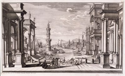 「Architectus Theatralis Primarius」からのバロック様式の柱のある小さな港、1740年公開 作： Giuseppe Bibiena