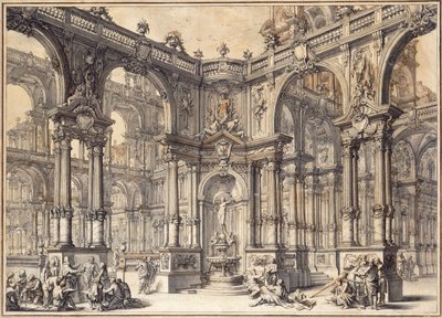 フォーチュンの像で飾られた噴水のあるイタリアの宮殿のポルティコ、 作： Giuseppe Bibiena