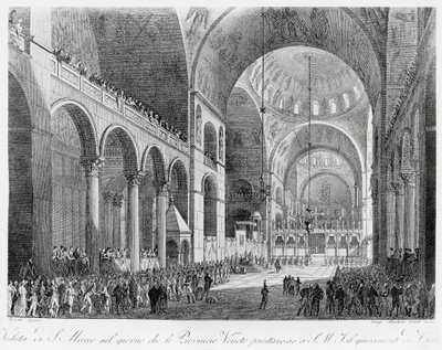 Veneton maakunnat vannovat uskollisuutta Itävallan keisarille Francis II:lle (1768-1835) San Marcon basilikassa Venetsiassa 7. toukokuuta 作： Giuseppe Borsato