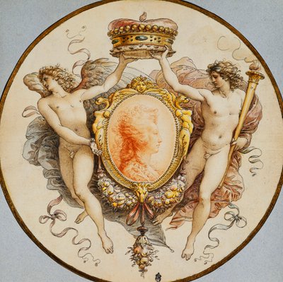 グロテスクとスワッグの装飾的なボーダーを持つ横顔の女性の楕円形の肖像画。 作： Giuseppe Cades