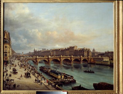 Quai du Louvreから見たLa cite et le Pont Neuf 手前にはボートウォッシュ（船の洗い場）とセーヌ川の岸辺の大いなる活気が描かれています。カネラ Giuseppe Canella l