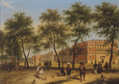 1827年にマドリードでプラド美術館と一緒にプラドのパセオの推定ビュー 作： Giuseppe Canella