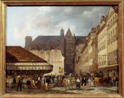 パリのプルーヴェール通りとサン・トゥスタッシュ教会（Quartier des Halles）。ジュゼッペ・カネラ（1788-1847）の絵 Ec.ital. 作： Giuseppe Canella