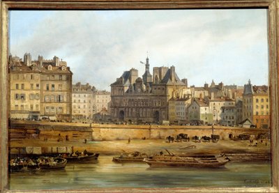 パリのシテ島から見た市庁舎とグレーブ広場。ジュゼッペ・カネラ（1788-1847）の絵 EC.ITAL. 作： Giuseppe Canella