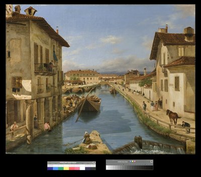 1834年、ミラノのサンマルコ橋からのナビリオ運河の眺め 作： Giuseppe Canella