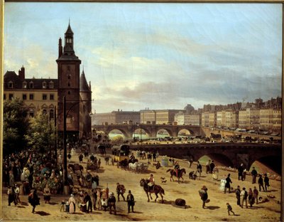 パリの花の散歩道、時計台、ポン・オ・チェンジ、ポン・ヌフの眺め ジュゼッペ・カネラ・ラン（1788-1847）の絵画 1832年 日の丸0,52 x 0,66 m パリ、カルナヴァレ美術館 作： Giuseppe Canella