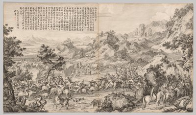 ガタン・オラのキャンプを攻撃する：西部地域の反乱鎮圧の戦闘シーンから、帝国の詩で 作： Giuseppe Castiglione
