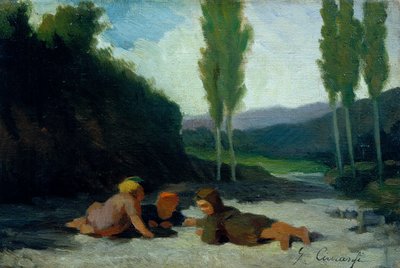 川岸で遊ぶ子供たち（油彩・キャンバス） 作： Giuseppe Ciaranfi