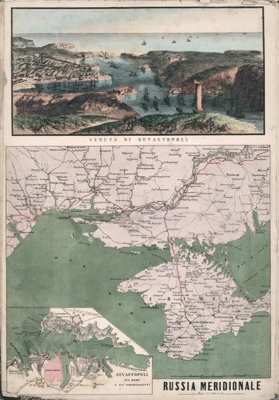 セヴァストポリ湾とその要塞を望む南ロシアの地図、1853 年。 作： Giuseppe Civelli