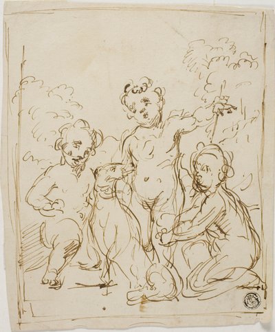 風景の中の3匹のプッティと犬 作： Giuseppe Diamantini