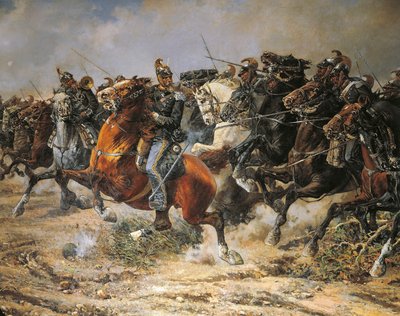 第三次独立戦争、ジェノバ騎兵隊のクストザでの突撃、1866年6月24日、ジュゼッペ・ガバーニが描いたもの 作： Giuseppe Gabani