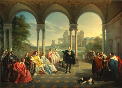 1841年、フェラーラの宮廷でトルクアート・タッソが『ラ・ジェルサレンメ・リベラータ』を読む。 作： Giuseppe Mancinelli