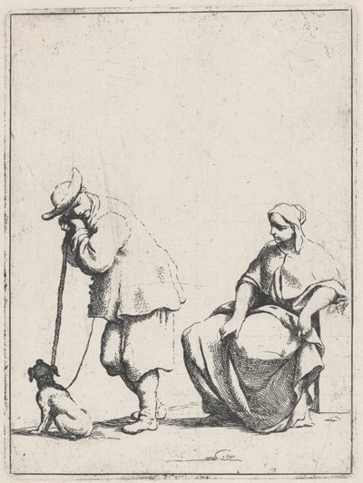 犬と座っている女性と立っている農民 作： Giuseppe Maria Crespi