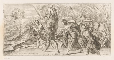 Aeneas vlucht met zijn 家族 uit Troje 敵の親の肩からアエネアスを救出する（オブジェクトのタイトル） Omzwervingen van Aeneas (シリーズタイトル) カラッチのレネア・ヴァガンテの絵画（シリーズタイトル） 作： Giuseppe Maria Mitelli