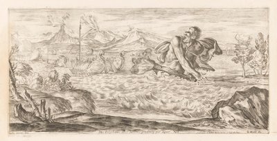 Polyphemus achtervolgt de vloot van Aeneas ここにポリュペーモスが存在し、恐ろしく、平原を大股で横切っています (オブジェクトのタイトル) Omzwervingen van Aeneas (シリーズタイトル) カラッチのレネア・ヴァガンテの絵画（シリーズタイトル） 作： Giuseppe Maria Mitelli