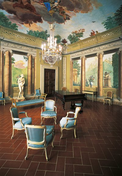 ジュゼッペ マリア テレニ (1739-1811) によって 1777-1778 年に描かれたフレスコ画、四季の部屋、ヴィラ デル ポッジョ インペリアーレ (インペリアル ヒルのヴィラ)、フィレンツェ、イタリア 作： Giuseppe Maria Terreni