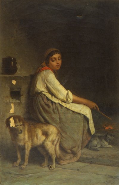 暖炉のそばで犬と猫を飼っている女性 作： Giuseppe Mazza
