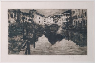 キオッジャの魚市場運河 (白い紙にエッチング) 作： Giuseppe Miti Zanetti