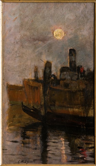 ベネチア運河 (ボール紙に油彩) 作： Giuseppe Miti Zanetti