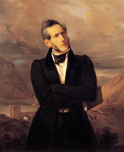 アレッサンドロ・マンゾーニの肖像とレッコの風景、ジュゼッペ・モルテーニ（1800-1867）の絵画、マッシモ・ダゼリオ（1798-1866）が描いた風景、油彩・キャンバス 作： Giuseppe Molteni