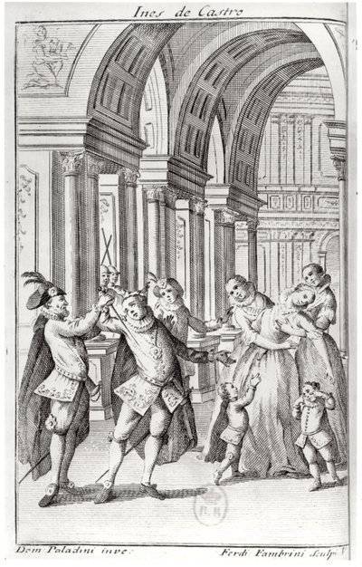 フェルディナンドファンブリニによって彫刻された、アントワーヌホウダーデラモット（1672-1731年）による「イネスデカストロ」の口絵のイラスト 作： Giuseppe Paladini