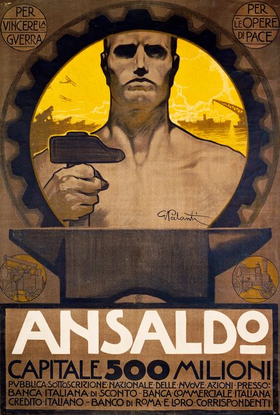 ハンマーとアンビルを持った労働者、ジェノヴァのアンサルドの新株募集のポスター 作： Giuseppe Palanti