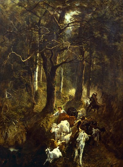 ジュゼッペ・パリッツィ（1812-1888）によるフォンテーヌブローでの放牧。 作： Giuseppe Palizzi