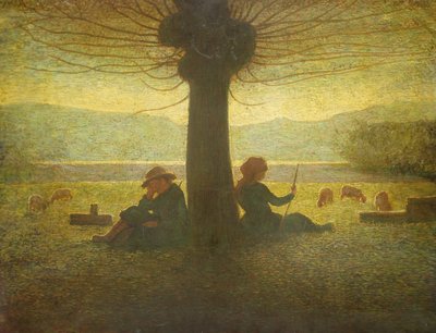 1905年頃、木の下で休む羊飼いと羊飼い 作： Giuseppe Pellizza da Volpedo