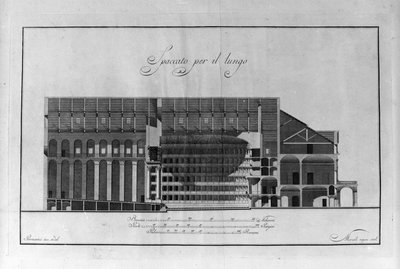 Giuseppe Piermarini (1734-1808) ca. 1776-1778 Milan Italy (イタリア、ミラノ、Piermariniによるスカラ座の建築切取図) エングレーヴィング 作： Giuseppe Piermarini