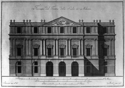 ジュゼッペ・ピエルマリーニ（1734-1808）が手がけたミラノ・スカラ座のファサードの外観建築の図面。 作： Giuseppe Piermarini