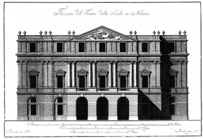 ジュゼッペ・ピエルマリーニ（1734-1808）が手がけたミラノ・スカラ座のファサードの外観建築の図面。 作： Giuseppe Piermarini