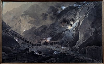 第一次イタリアキャンペーン（1796-1797年）。"1800年5月21日にオーストリア軍に占領されたバルドの砦の下を夜間に通過するフランス軍砲兵" ジュゼッペ・ピエトロ・バジェッティ（1764-1831）の水彩ガッシュ画 日。1,04x0,74 m Versailles, Musee du Chateau - Fir 作： Giuseppe Pietro Bagetti