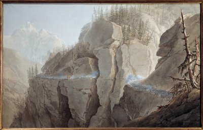 第一次イタリア遠征（1796-1797年）。「ナポレオン・ボナパルト（1769-1821）軍のフランス軍は、1800年5月21日、ヴァッレ・ダオスタにある要塞化されたラ・クルス（Cluse）の防壁を敵に放棄させる」 ジュゼッペ・ピエトロ・バジェッティ（1764-1831）の水彩画 ス 作： Giuseppe Pietro Bagetti