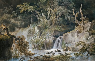 ジュゼッペ・ピエトロ・バジェッティ（1764-1831）の「滝のある風景」。 作： Giuseppe Pietro Bagetti