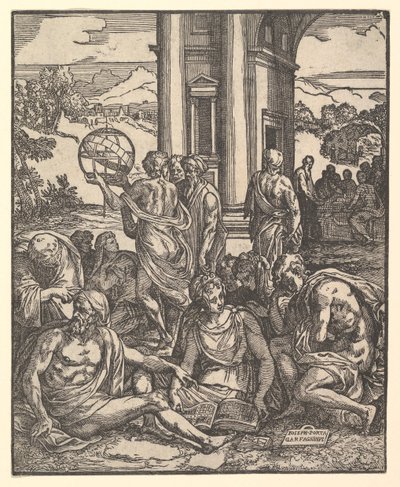 「思考の庭と題されたフランチェスコ・マルコリーニ・ダ・フォルリの運命」の口絵、1540年。 作： Giuseppe Porta